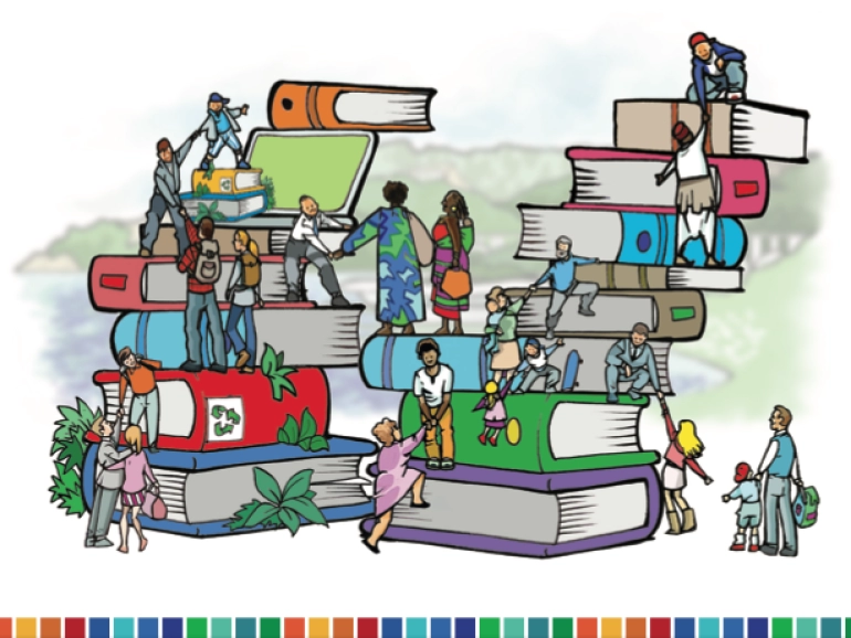 Immagine che raffigura tante persone che si aiutano su dei libri